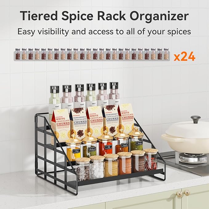 Spice Rack Kitchen Cabinet Organizer,4 Tier Countertop Spice Rack,Tier Depth Adjustable Cabinet Shelf,Step Spice Organization Easy Visibility,Holds Seasoning and Condiments