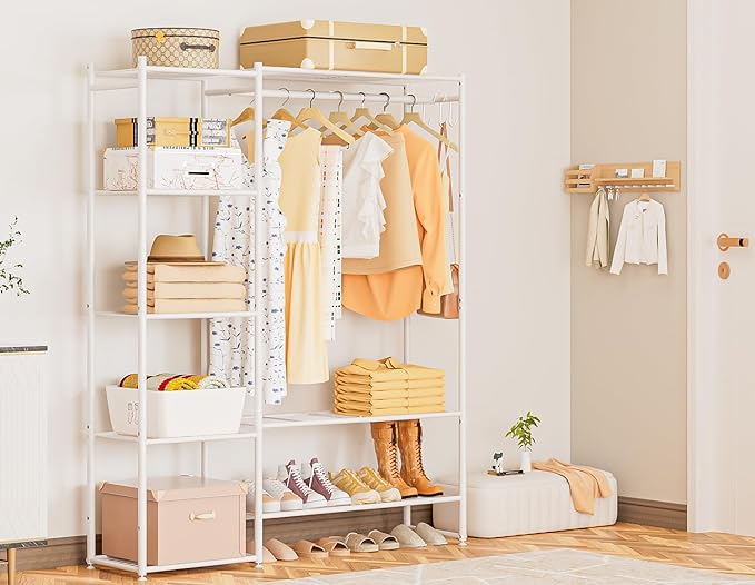 Neprock Clothing Racks for Hanging Clothes with Shelves, Portable Closet System Organizer Garment Rack for Clothes Storage, Metal Free Standing Wardrobe Clothes Organizer(White)