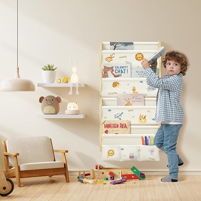 Wooden Wall Mounted Bookshelf for Kids Rooms, 4 Tier Floating Nursery Book Shelf, Kids Bookshelf with 2 Pockets, Toddler Sling Book Rack with Deep Sleeves (Jungle Animals)