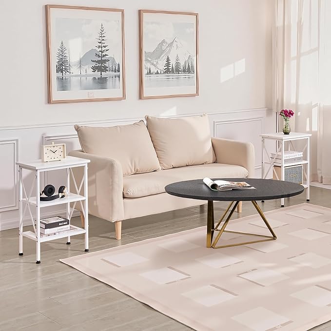 VECELO End Table Set of 2, Bedside Table, 24" Tall Living Room End Tables, X-Design Reinforced Nightstands, Side Table with 3-Tier Storage Shelves for Small Spaces, Office, Bedroom, Pearl White