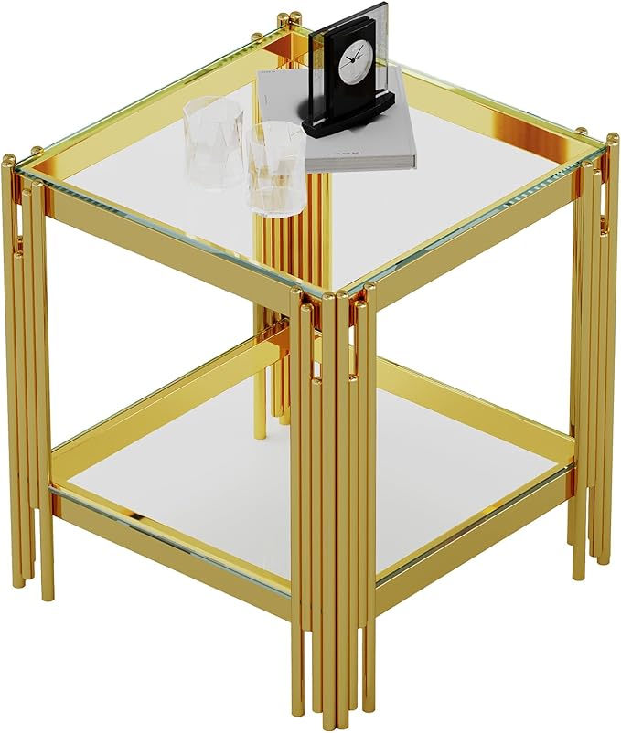 Goujxcy Modern Glass End Table - Gold Sofa Side Table With Clear Top and Mirror Finish Stainless Steel Legs, Luxury Square Coffee Bedside Table for Living Room Bedroom (Gold)