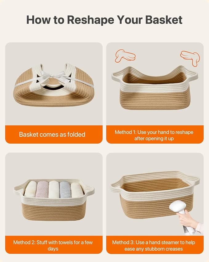 KALLAX Small Woven Basket, 14 x 10 x 5.6 Inches, Small Storage Baskets for Organizing, Gift Baskets Empty, Cute Rope Shelf Closet Storage Bins for Shelves, Dog Toy Basket, White & Brown