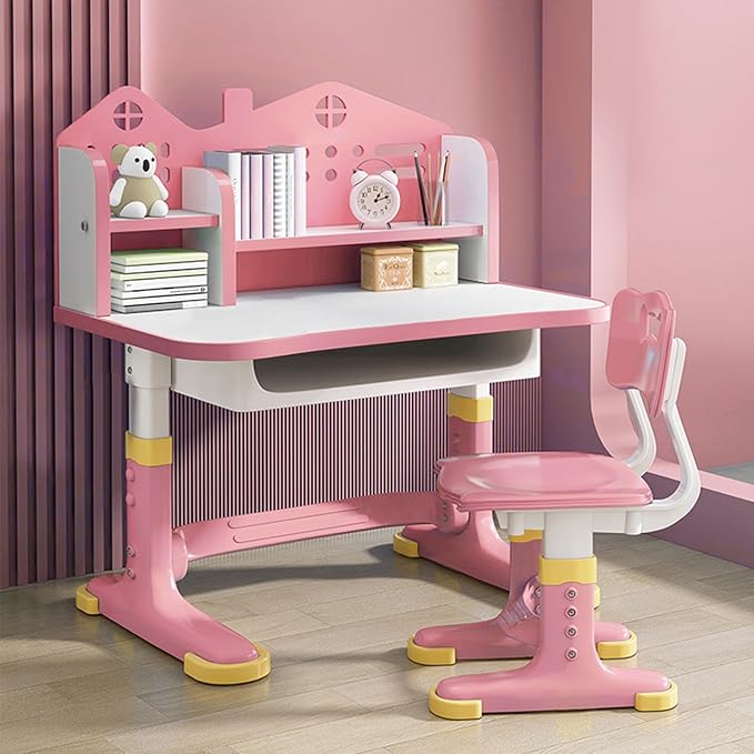 Kids Desk and Chair Set Adjustable School Study Desk with Castle Backboard, Wide Tabletop, Bookstand & Storage Drawer for Children's Room Pink (Pink)
