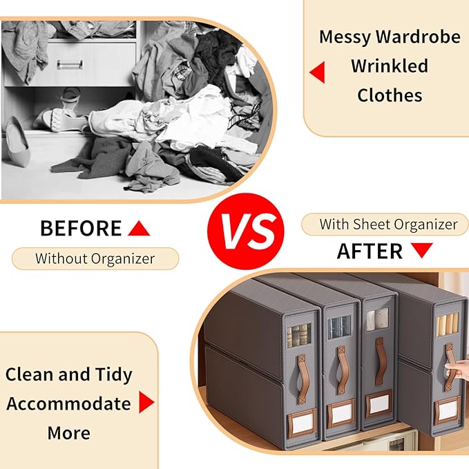 KONGDY 4 Pack Bed Sheet Organizer, Foldable Sheet Storage Box with Window and Label, Bed Sheets Set Organizers for Bedding Sheets, Duvet Covers, Pillow, Blankets Organizer-Grey