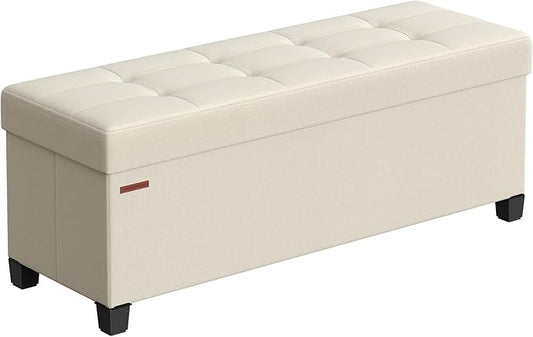 SONGMICS Storage Ottoman Bench, Foldable Foot Rest with Legs, 15 x 43 x 15.7 Inches, End of Bed Bench, Storage Chest, Load up to 660 lb, for Living Room, Bedroom, Entryway, Cream White ULSF018W01