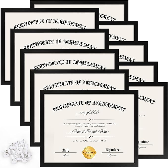 YixangDD 10 PACK Certificate Frames 8.5 x 11, Black Diploma Frame Document Frame with Clear Plexiglass, Picture Frames for Tabletop and Wall Display