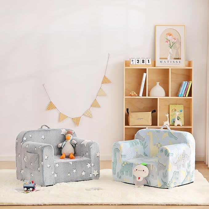 Toddler Chair Plush Kids Couch, Comfy Glow in The Dark Armchair with Removable and Washable Cover Carrying Handle Kids Sofa, Convertible Reading Chair Toddler Couch for Girls and Boys