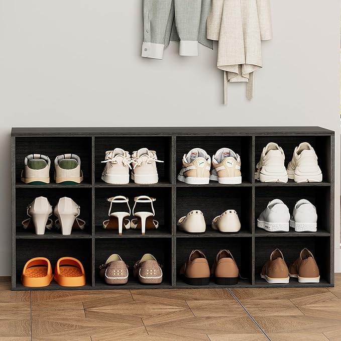 12-Cubby Shoe Rack, 3-Tier Wood Shoe Organizer, Multifunctional Shoe Organizer Bench for Entryway, Mudroom, Hallway, Closet,36.22 * 11.81 * 17.72 Inch,Black