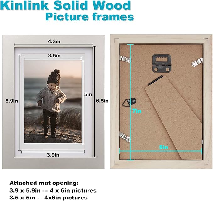 KINLINK 5x7 Picture Frame Light Grey, Solid Wood Frames with Acrylic Plexiglass for Pictures 4x6 with Mat or 5x7 without Mat,Tabletop and Wall Display Photo Frame Set of 4