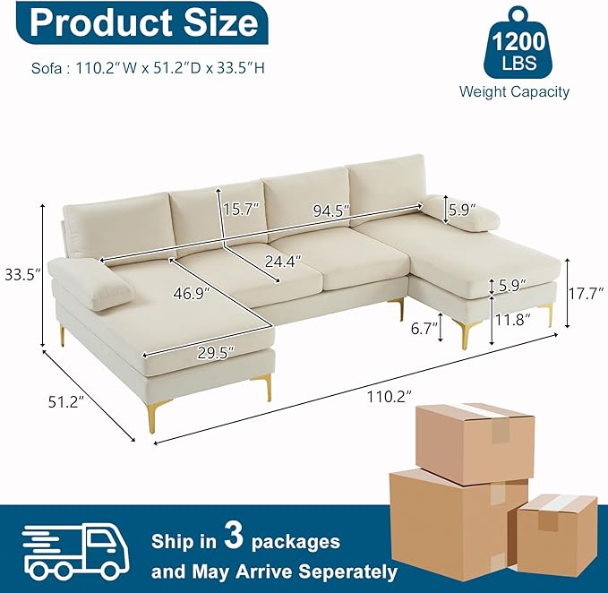 VINGLI 110" Modern U Shaped Sectional Couch with 51"D Double Chaise for Living Room, Beige Deep Seat Sectional Sofa Sets with 5.9" Thickness Seating Padding for Home Furniture,Linen Fabric,Metal Legs