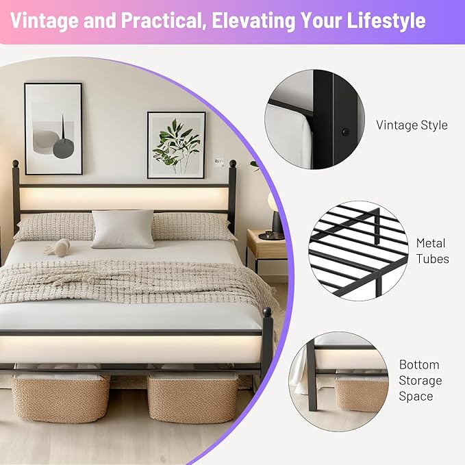 Full Size Bed Frame with Headboard and Footboard,Steel Slats Support-LED Bed Frame with USB Charging Station,Mattress Foundation-Under Bed Storage, No Box Spring Needed,Noise Free,Black