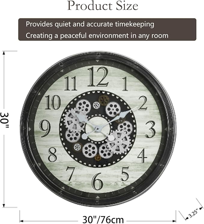 30" Farmhouse Series Wall Clock, Vintage Industrial Style, Steampunk 3D Arabic Numeral, Moving Gear Wall Decor for Living Room, Dining Room, and Entryway