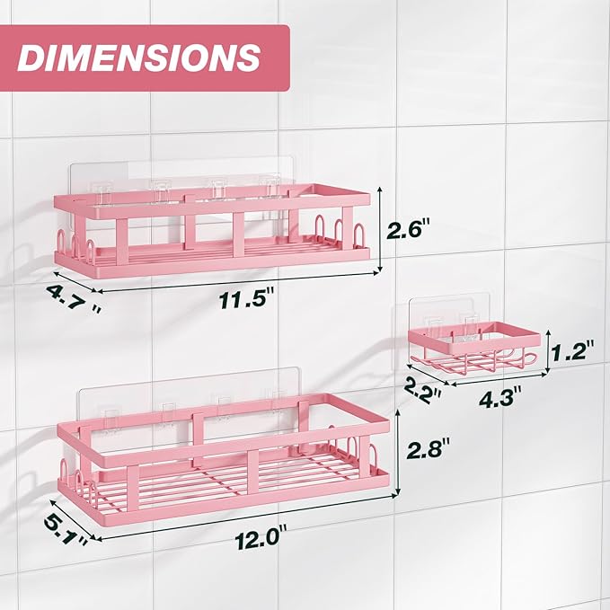 Shower Caddy Adhesive,No Drill Bathroom Organizer,Large Capacity Rustproof Shelves for Inside Shower,Bathroom Organizers and Storage,Pink