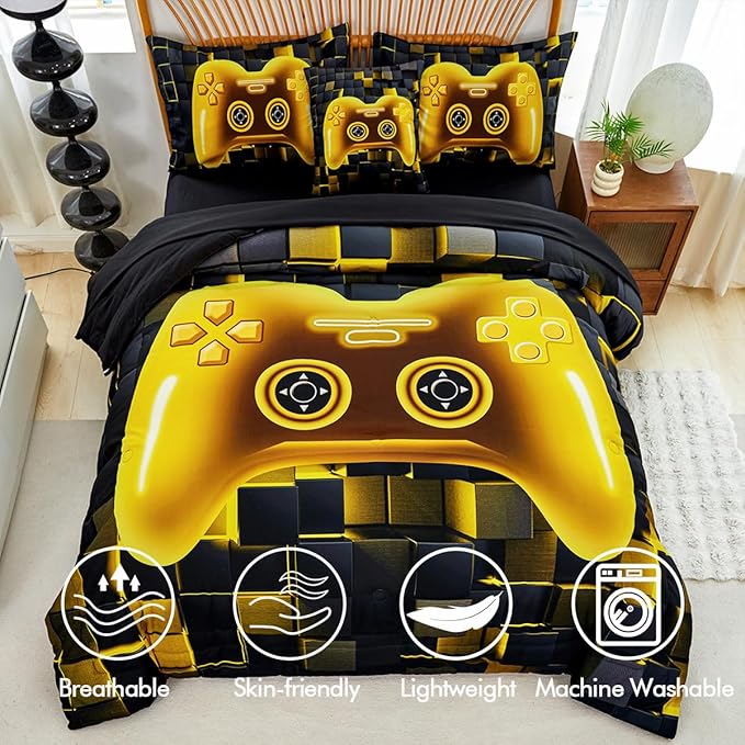PERFEMET 6 Pcs Twin Bed in A Bag for Boys Girls Black Gold Video Game Comforter Set with Sheets Soft Cozy 3D Gamepad Gaming Bedding Set for All Seasons(Gold, Twin)