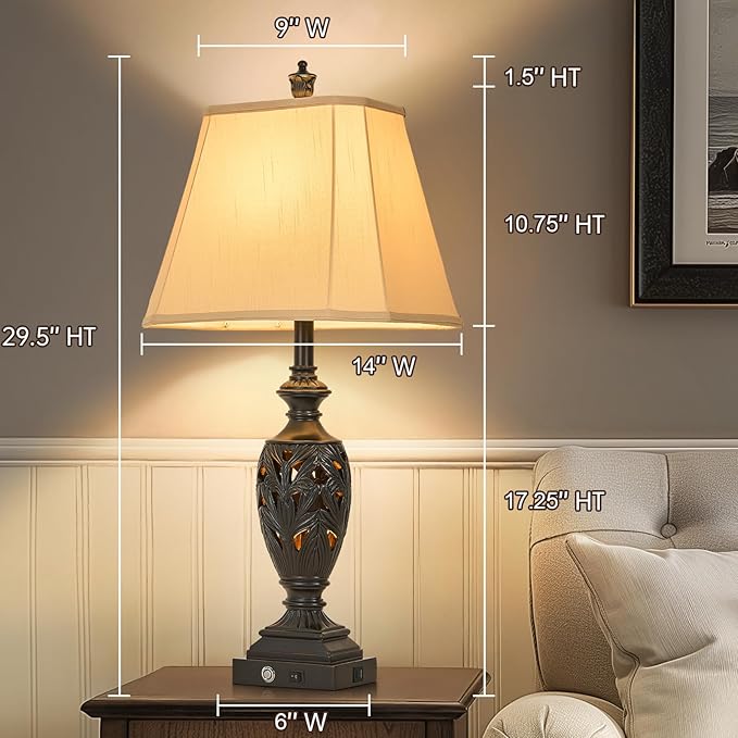 AIDENOEY 29.5" H Touch Traditional Table Lamp Set of 2,Vintage Bedside Nightstand Lamps with Dual USB and Night Light, 3-Color Hollow Out Leafwork Black Gold Finish Desk Lamps for Living Room,Bedroom