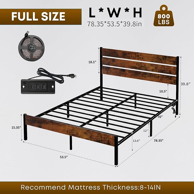 Full Size Bed Frame with Headboard,Heavy Duty LED Bed Frame with USB Charging Station,Mattress Foundation-Under Bed Storage, No Box Spring Needed, Noise Free,Brown
