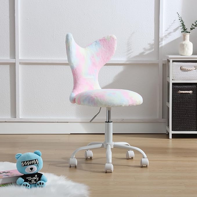 Fuzzy Desk Chair, Cute Swivel Children Desk Chair with Wheels for Kids Bedroom Upholstered Rolling Study Chair Adjustable Computer Chair Mermaid Back Vanity Chair for Teen Girls Boys, Pink Colorful