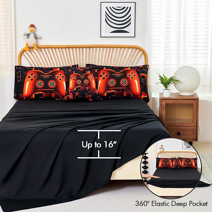 PERFEMET 6-Piece Gamer Comforter Black Orange Video Game Boys Bedding Set for Kids Teens Bedroom 3D Cool Soft Fluffy Gaming Bed in A Bag Set with Sheets(Orange, Queen)