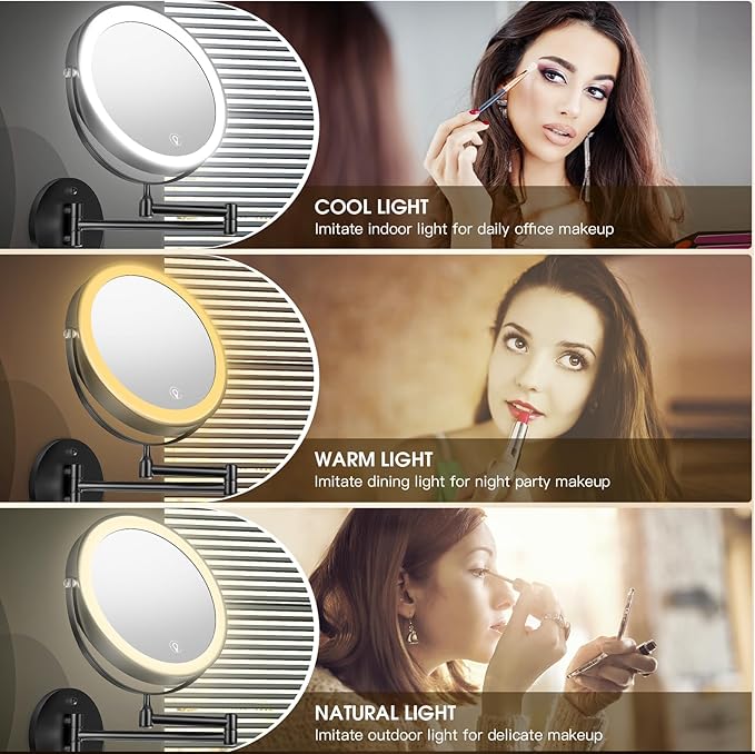Wall Mounted Lighted Makeup Mirror, 8" Rechargeable Double-Sided Light up Magnifying Mirror 1x/10x,3 Color Led Vanity Mirror with Lights,Touch Dimmable 360° Rotation Foldable-Black