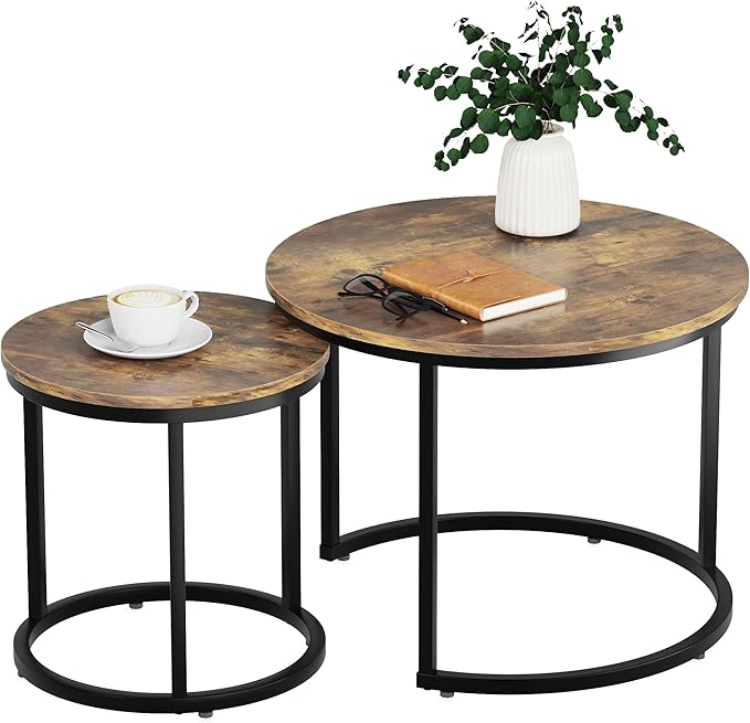 Smuxee Nesting Coffee Table Set of 2, 23.6" Round Coffee Table Rustic Wood Top with Adjustable Non-Slip Feet, Industrial End Table Side Tables for Living Room Bedroom Balcony Yard