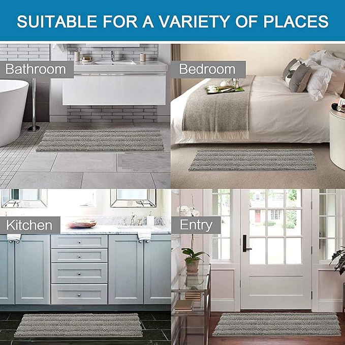 H.VERSAILTEX Bath Rugs for Bathroom Non Slip Bath Mats Extra Thick Chenille Striped Bath Rug Runners 47" x 17" Absorbent Fluffy Soft Shaggy Mats Dry Fast Plush Area Carpet for Bath Room - Dove