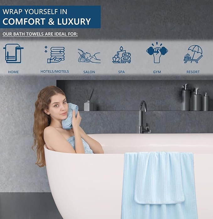 18 Piece Bath Towels Set,Super Soft Family Bathroom Towel Set with Hanging Loops-6 Bath Towels,6 Hand Towels,6 Washcloths,Highly Absorbent Quick Dry Shower Towel for Bathroom,Hotel,Spa-Blue Towel Set