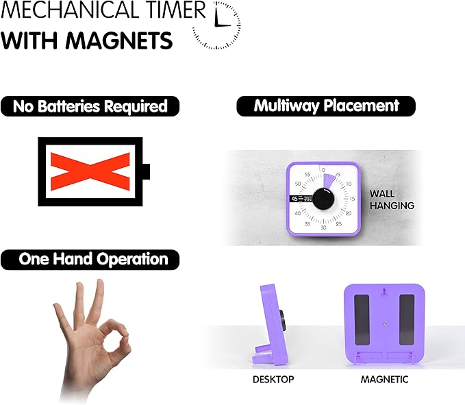 TWENTY5 SEVEN Countdown Timer 7.5 inch; 60 Minute 1 Hour Visual Timer – Classroom Teaching Tool Office Meeting, Mechanical Countdown Clock for Kids Exam Time Management Magnetic, Purple