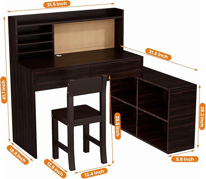 Wooden Kids Desk and Chair Set, 2 Drawers and Remove Storage 4 Cabinets, Children Study Desk with Hutch and Shelves, Boys & Girls Study Desks for Kids Bedroom (Espresso)-7Cp1CF