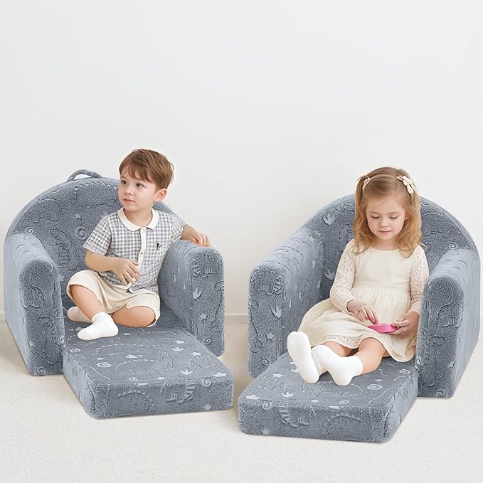 MeMoreCool Folding Toddler Chair, Comfy Plush Fold Out Kids Couch Sofa, Convertible Kid Sofa Bed, Flip Out Baby Recliner Foldable Children Sofa for Toddlers 1-4 Girls Boys, Dinosaur