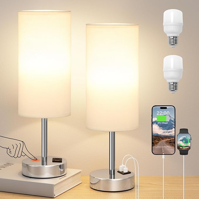Bedside Table Lamps for Bedroom Set of 2 - Touch Lamp for Nightstand with USB-A+C Charging Ports - 3 Way Dimmable Small Desk Lamp White for Office, Dorm Room, Living Room, Reading, Nursery