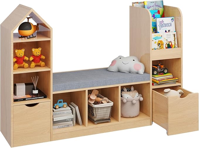 Kids Bookcase and Bookshelf with Reading Nook, Toy Storage Organizer, Oak Bookcase with 7 Storage Cubbies, 2 Movable Drawers and Seat Cushion for Kids Room, Playroom, Bedroom