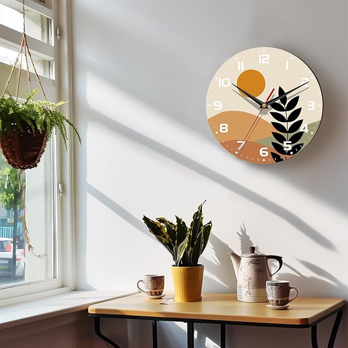 Wall Clock, 10 Inch Silent Non-Ticking Home Kitchen Decor, Battery Operated for Bathroom Bedroom Living Room Office(Abstract Minimalist Botanical)