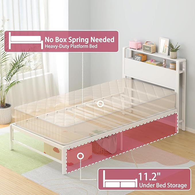 Weehom Twin Bed Frames for Kids, Twin Size Bed with 2 Tiers Wood Shelves Headboard No Box Spring Needed Easy Assembly Heavy Duty Metal Plaform, White