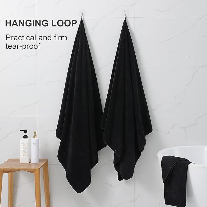 Ultra Soft 2 Piece Textured Hand Towel Set for Bathroom Shower Pool and Kitchen, Quick Dry, Highly Absorbent - Black