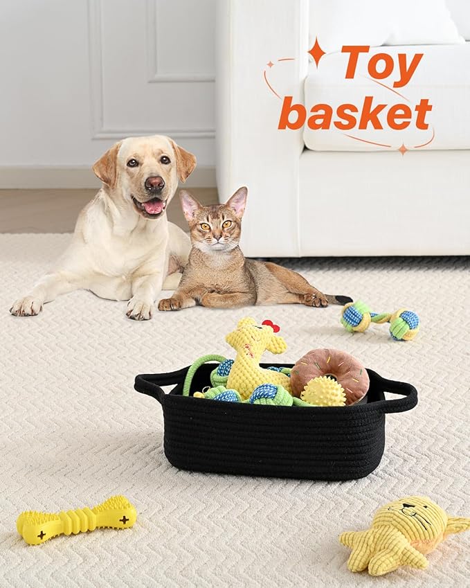 KALLAX Small Woven Basket, 12 x 8 x 4.5 Inches, Small Storage Baskets for Organizing, Gift Baskets Empty, Cute Rope Shelf Closet Storage Bins for Shelves, Dog Toy Basket, 3 Packs, Black