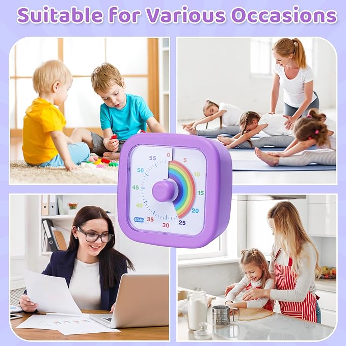 60 Minute Visual Timer for Kids and Adults, Square Countdown Timer with Rainbow Pattern, Desk Timer Kids Time Kitchen Timer Management Tools for Classroom Office Home, Purple
