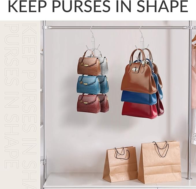 ZEDODIER Purse Hanger Organizer for Closet, 4 Pack Hanging Bag Holder, Keeping Purses Visible and in Good Condition, Metal Handbag Storage Hook Backpack Rack Space Saving Hanger, Silver