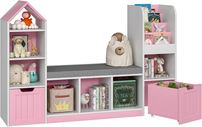 Kids Bookcase and Bookshelf with Reading Nook, Toy Storage Organizer for Kids, Pink Bookcase with 7 Storage Cubbies 2 Movable Drawers and Seat Cushion for Kids Room, Playroom, Bedroom