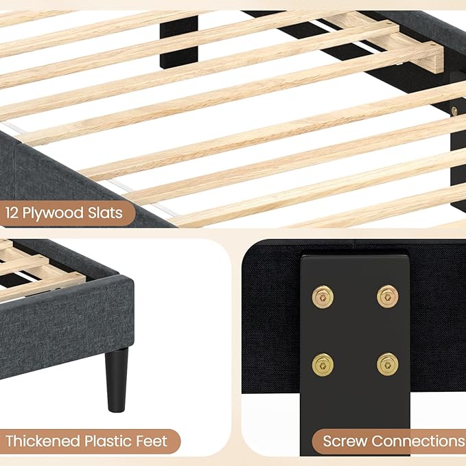 Giantex Twin Bed Frames with Headboard, Modern Upholstered Platform Bed Frame with Vertical Channel Tufted Headboard, Wooden Slats Support, No Box Spring Needed, Gray