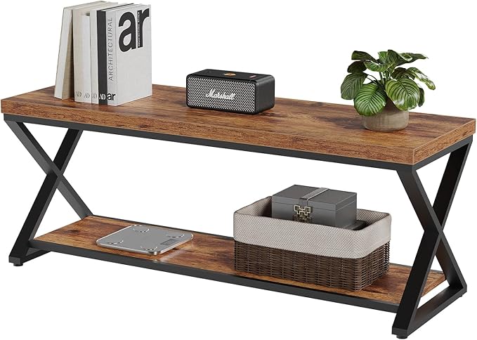 IBF Farmhouse Wood Bench, Industrial Storage Entryway Indoor Bench for Bedroom Hallway Living Room, Rustic Wooden Metal Shoe Rack Accent Foyer Bench Seat for Entrance Sitting, Rustic Brown, 47 in Long