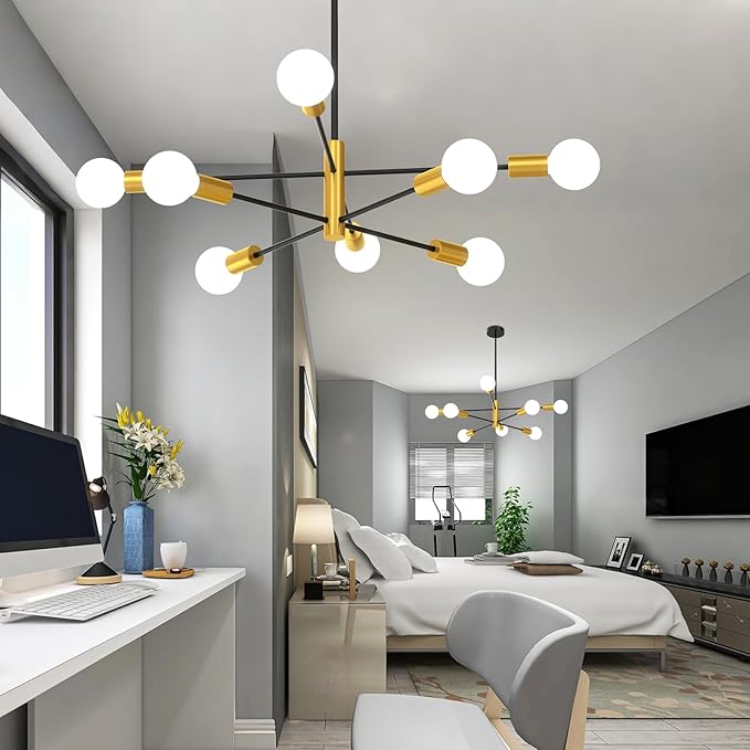 Sputnik Ceiling Light Fixture Chandelier, 8-Light Dining Room Light Over Table Height Adjustable Mid Century Hanging Light Fixture E26 Pendant for Bedroom Kitchen Livingroom 53InchH Gold+Black
