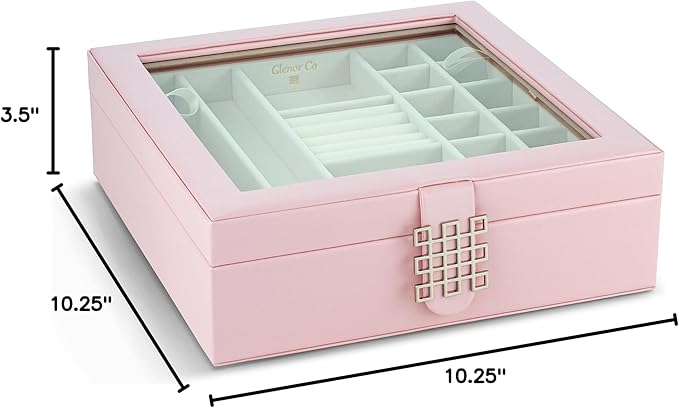 Co 28 Section Jewelry Box - 2 Layer & Buckle Magnet Closure - Large Glass Top - Leather Design - Soft Pink - Jewelry Organizer for Women & Girls - for Earring Ring Necklace & Bracelet
