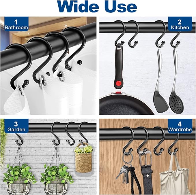 Shower Curtain Hooks Rings, Stainless Steel S Shaped Shower Hooks Rust Proof, Metal Shower Curtain Hangers for Shower Curtains, Kitchen, Wardrobe & Garden, Matte Black, Set of 12