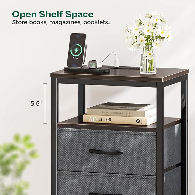 Huuger Night Stand with Charging Station, 4 Drawer Dresser for Bedroom, Bedside Table, 33.9 Inch Tall Nightstand with Open Shelf, End Table, for Closet, Entryway, Bedroom, Walnut