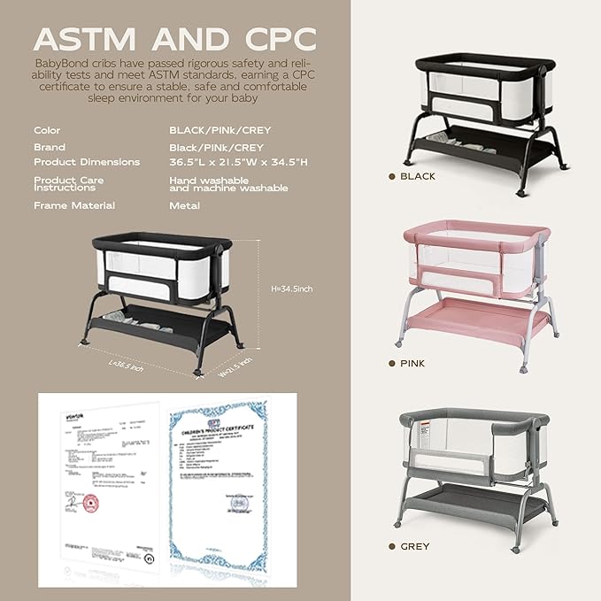 BabyBond Baby Bassinet, 3 in 1 Bassinet Bedside Sleeper with Washable Soft Mattress and Sheet, 6 Height Adjustable Bedside Crib, 4-Sided Mesh Bedside Bassinet for Baby