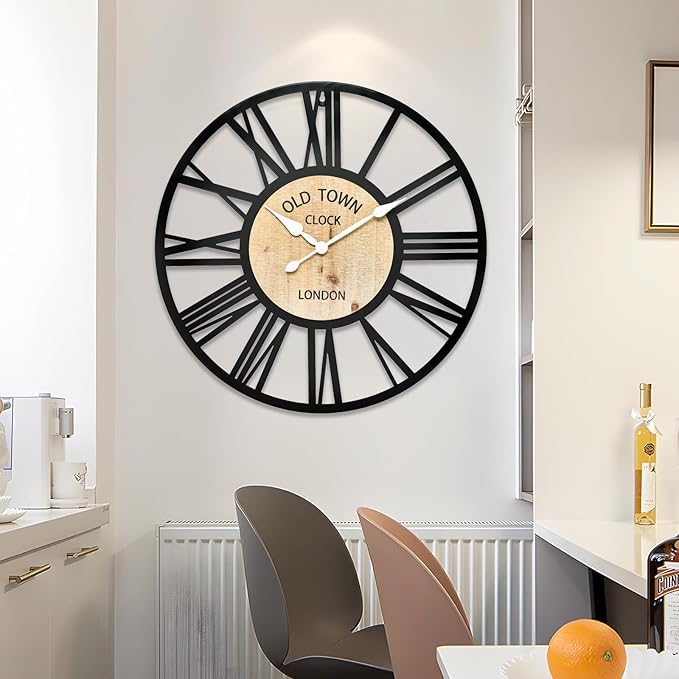 Large Old Town Wall Clock - Decorative Antique 24-inch Silent Non Ticking Clock for Farmhouse, Dining Room, Bedroom, Kitchen - Black Metal and Wood Clocks
