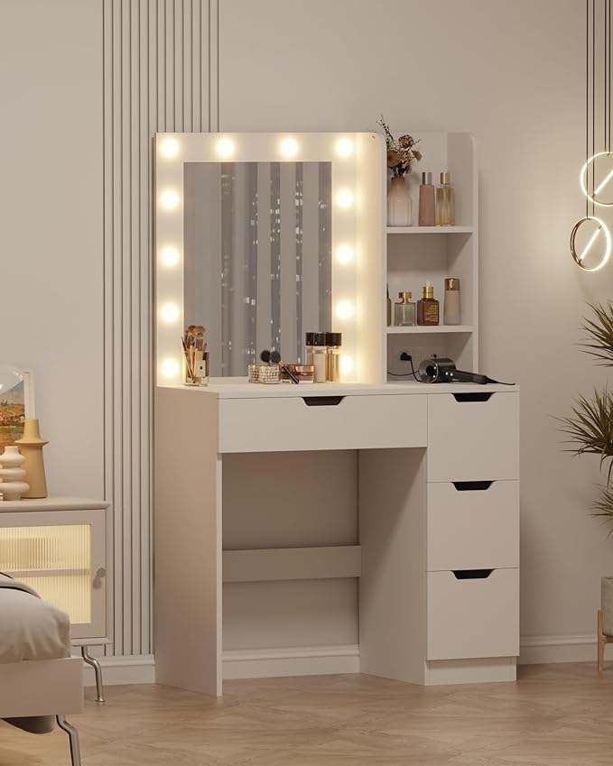 Garvee Vanity Desk with Mirror and Lights - Makeup Vanity Desk with 4 Drawers, Built-in Power Outlet & USB, Adjustable LED Lighting, Makeup Table for Bedroom
