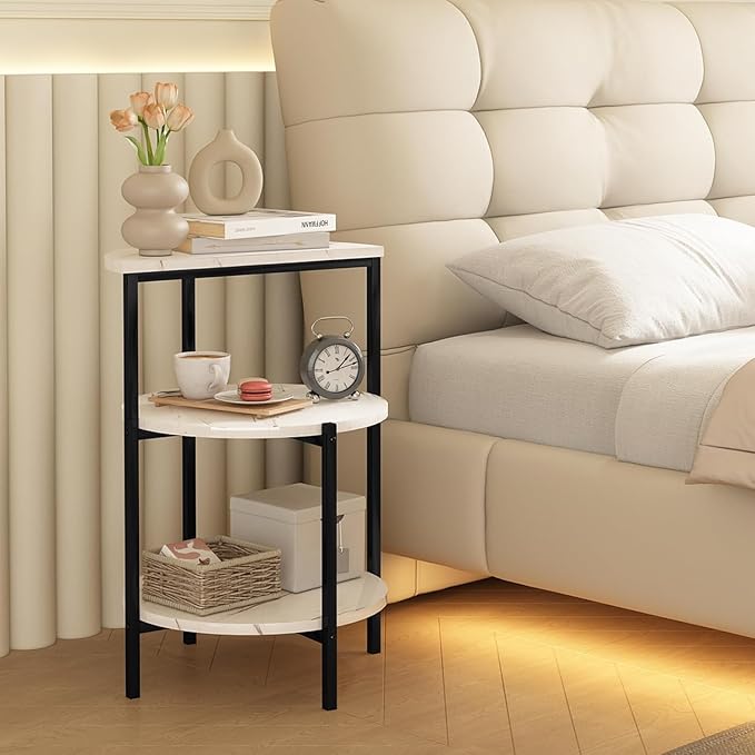 AWQM Marble End Table, 3-Tier Sofa Side Table, Small Round Bedside Table, Corner Table w/Metal Frame for Living Room Bedroom, White+Black