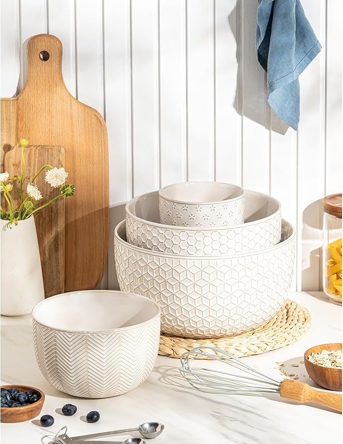 Ceramic Mixing Bowls, Embossed Nesting Bowls, Mixing Bowl Set of 4, Mixing Bowls for Cooking, Baking, Serving, Popcorn, Salad etc, Microwave and Dishwasher Safe, 20/47/99/148 oz, Off-White