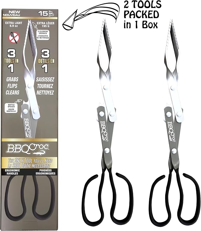 BBQ Croc 3-in-1 Barbecue Tool 15-inch - Pack of 2 - Extra Light Tongs, Spatula and Grill Scraper (Green) (15 inch Without Flashlight)